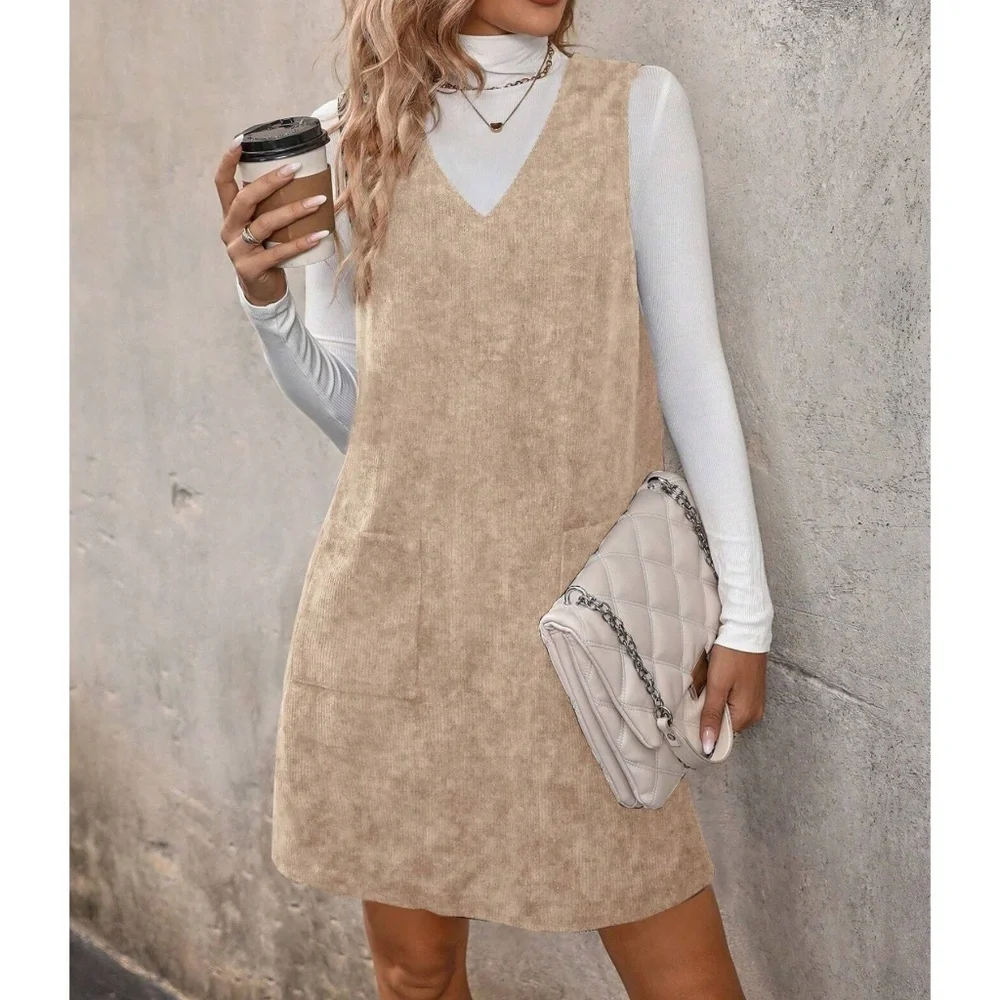 Solid Corduroy Pockets V neck Mini Dress - Picture 8 of 9